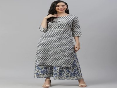 White & Navy Pure Cotton Ethnic Motifs Print Kurta with Palazzos