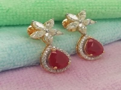 Natural Pear shape Ruby with Moissanite 14k Gold Earring ER001
