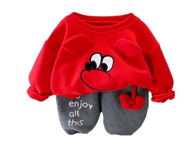 Hopscotch Boys Cotton and Spandex Full Sleeves Art Printed Sweatshirt and Jogger Set in Red Color
