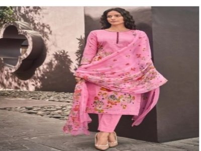 Pink Cotton Linen Printed Un-Stitched Suit Material for Ladies
