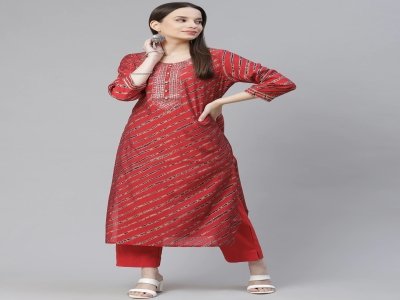 Leheriya printed Straight shape Regular style Round neck, three-quarter  regular sleeves