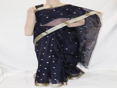 Daccai - Dark navy blue with tassar border and off white and beize weave