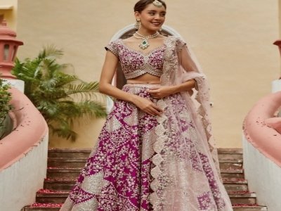 AUBERGINE EMBROIDERED LEHENGA WITH PALE PINK DUPATTA